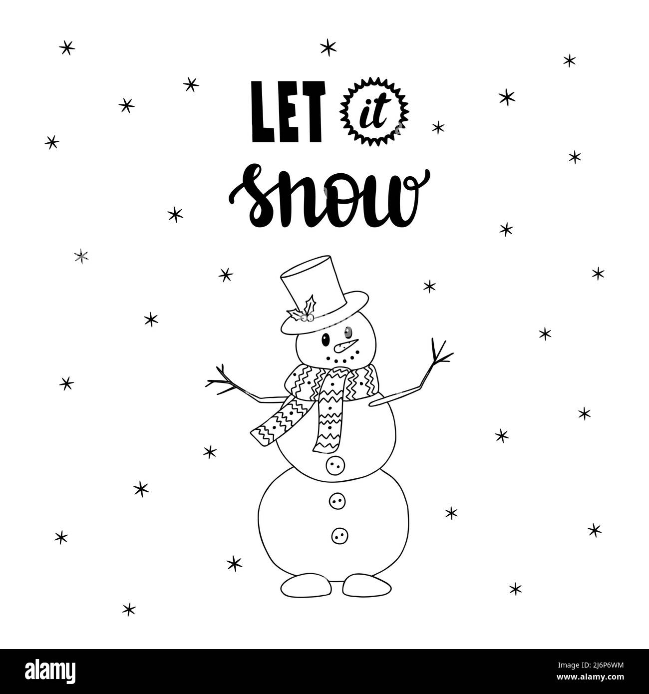 Muñeco de nieve en estilo Doodle y palabras escritas a mano-Deje nieve. Letras y elementos decorativos dibujados a mano. Ilustración vectorial en blanco y negro. Aislamiento Ilustración del Vector