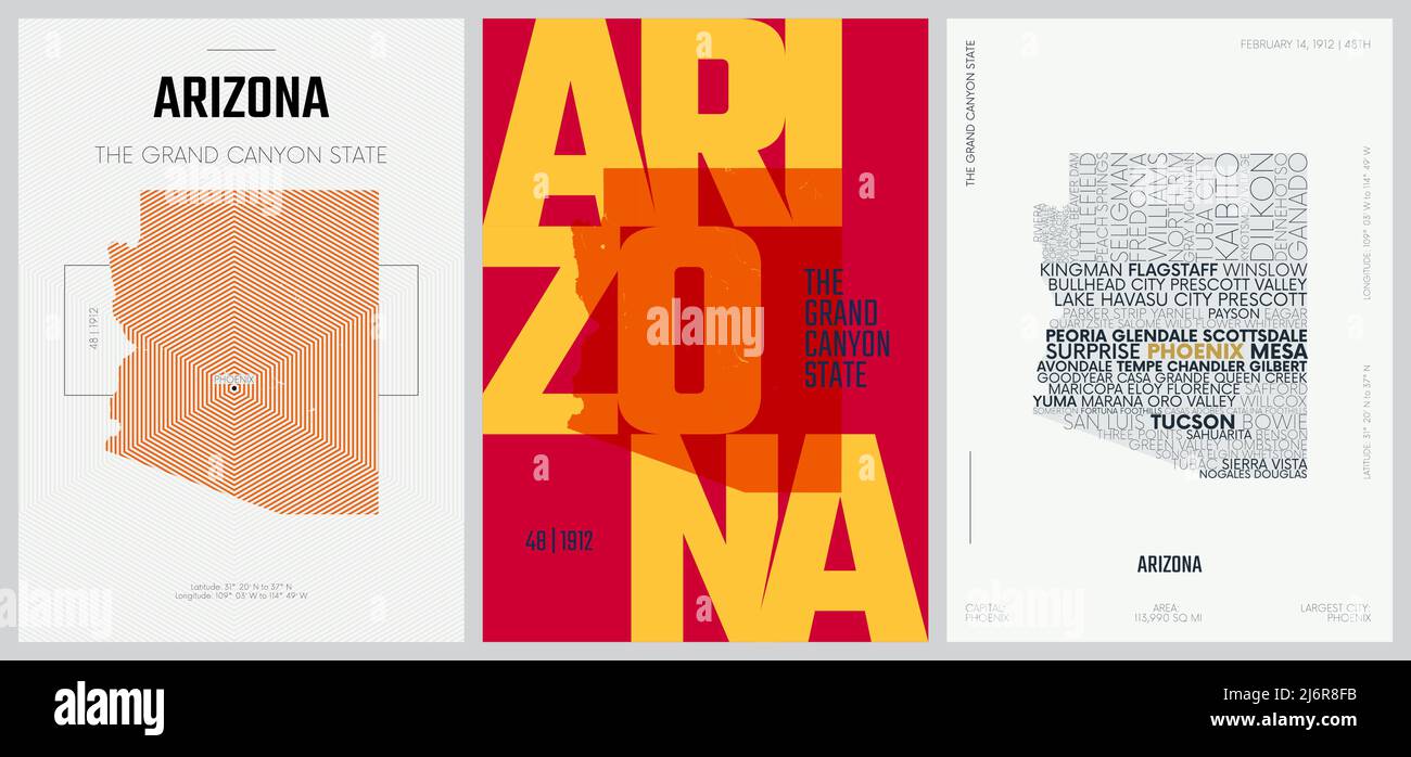 48 de 50 sets, US State Posters con nombre e información en 3 estilos de diseño, arte vectorial detallado imprimir mapa de Arizona Ilustración del Vector