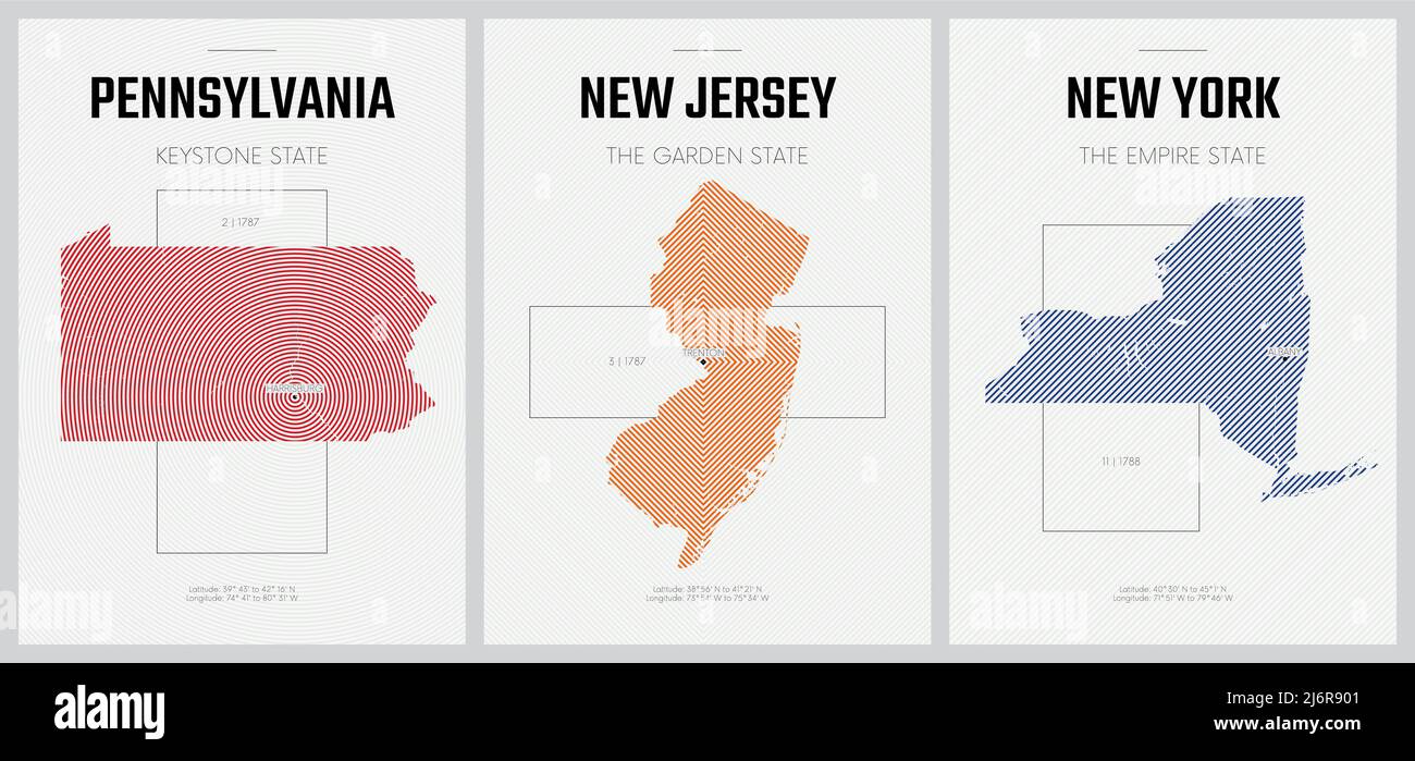 Carteles vectoriales Mapas detallados de siluetas de los estados de América con patrón lineal abstracto, Pennsylvania, Nueva Jersey, Nueva York Ilustración del Vector