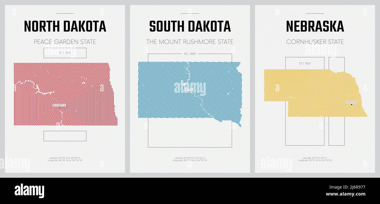 Carteles vectoriales Mapas detallados de siluetas de los estados de América con patrón lineal abstracto, Dakota del Norte, Dakota del Sur, Nebraska Ilustración del Vector
