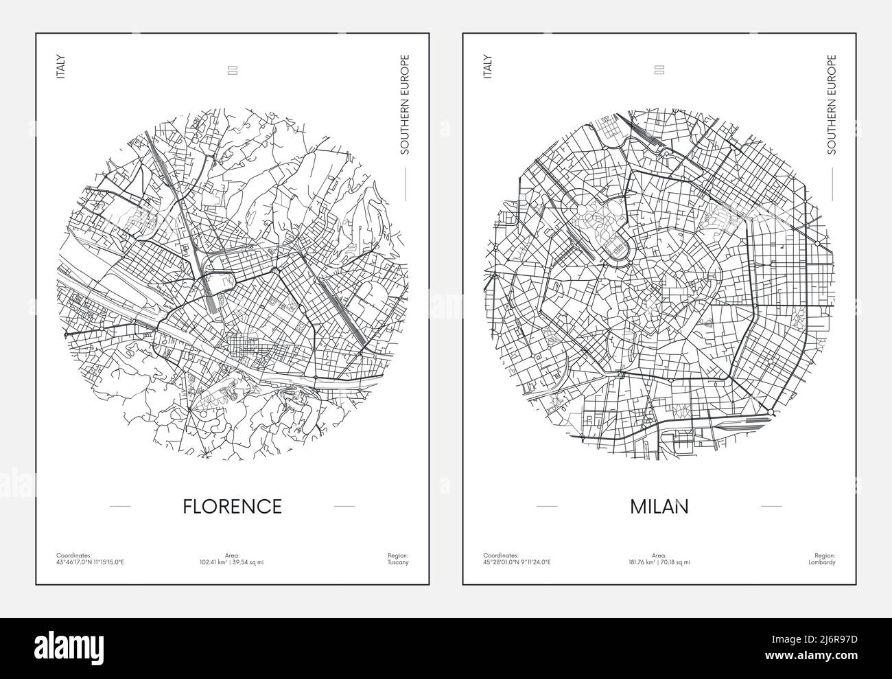 Cartel de viaje, plano urbano mapa de la ciudad Florencia y Milán, ilustración vectorial Ilustración del Vector