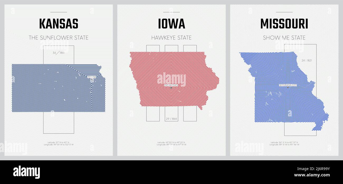 Carteles vectoriales Mapas detallados de siluetas de los estados de América con patrón lineal abstracto, División Oeste Norte Central - Kansas, Iowa, Missouri Ilustración del Vector