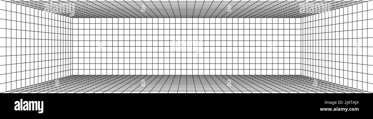 3D salas de cuadrícula con perspectiva digital de un punto. Malla negra  sobre fondo blanco. Estructura de estudio vacía para interiores. Escena  virtual de tres dimensiones. Fácil g Imagen Vector de stock -