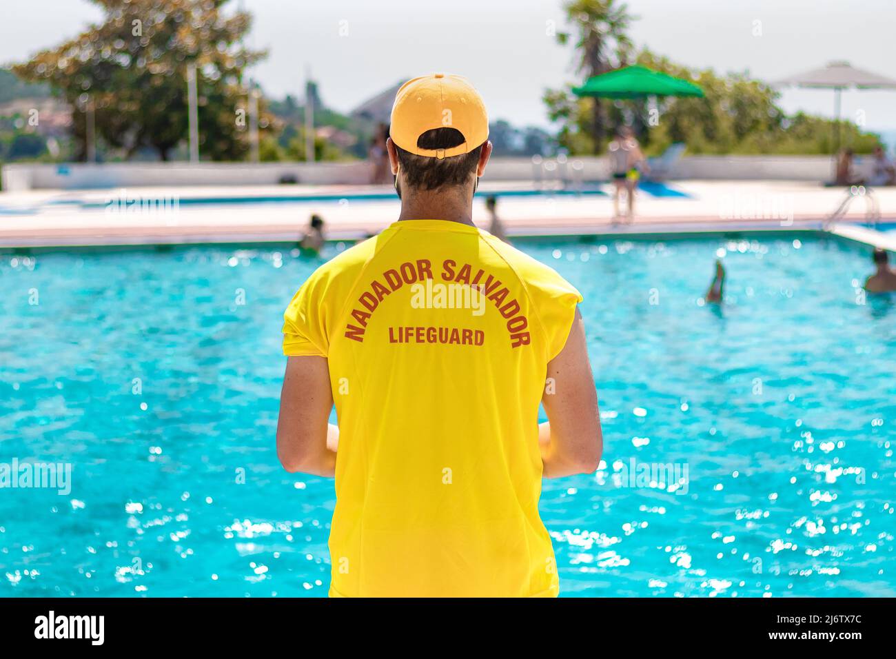 Nadador Salvador Lifeguard Pool Piscina Portugal Portugués Amarillo Amarelo Azul Piscina Homem Hombre Armas Atrás Braços Sin Cara Sem Cara Verão Calor Foto de stock