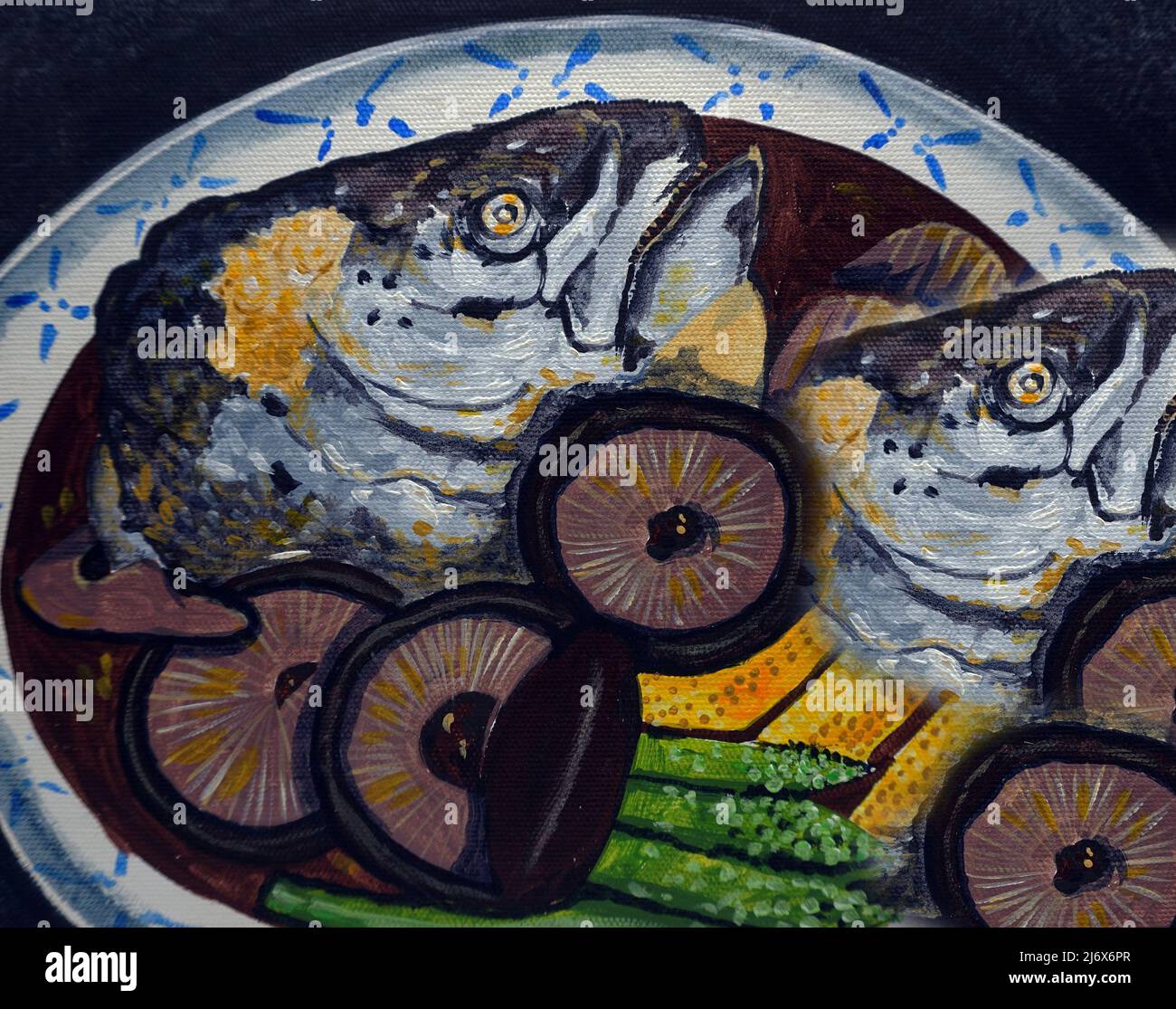 Pintura artística Color acrílico Comida realista de Tailandia, Cabeza de  salmón al vapor con salsa de soja Fotografía de stock - Alamy