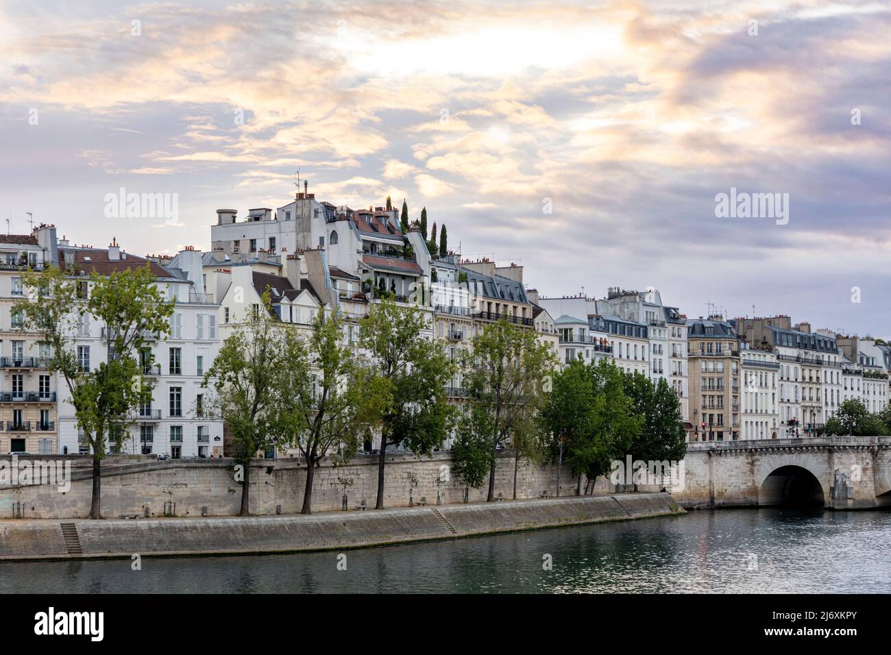 Vista temprana por la mañana del río Sena y los edificios de Ile Saint Louis, París, Ile-de-France, Francia Foto de stock