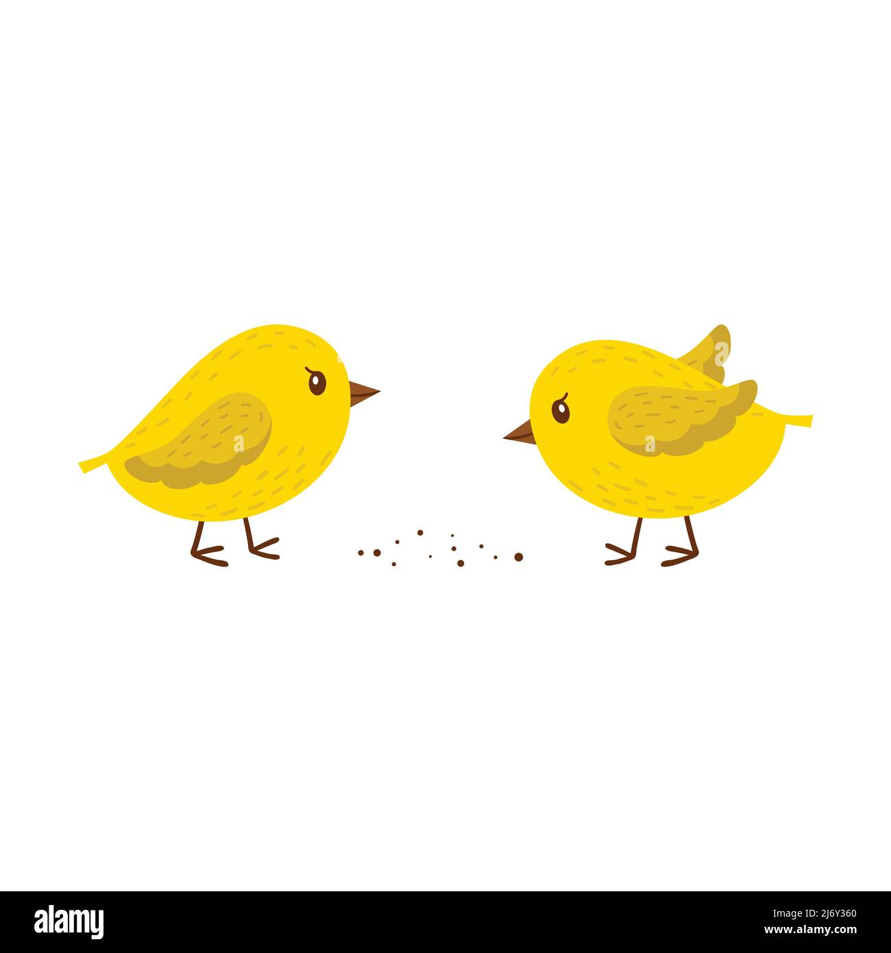 Dos pollos pechan en el grano. Aves pequeñas amarillas simples. Un símbolo de la primavera, la Pascua y la agricultura. Niños, personajes de dibujos animados. Vector illustrati Ilustración del Vector