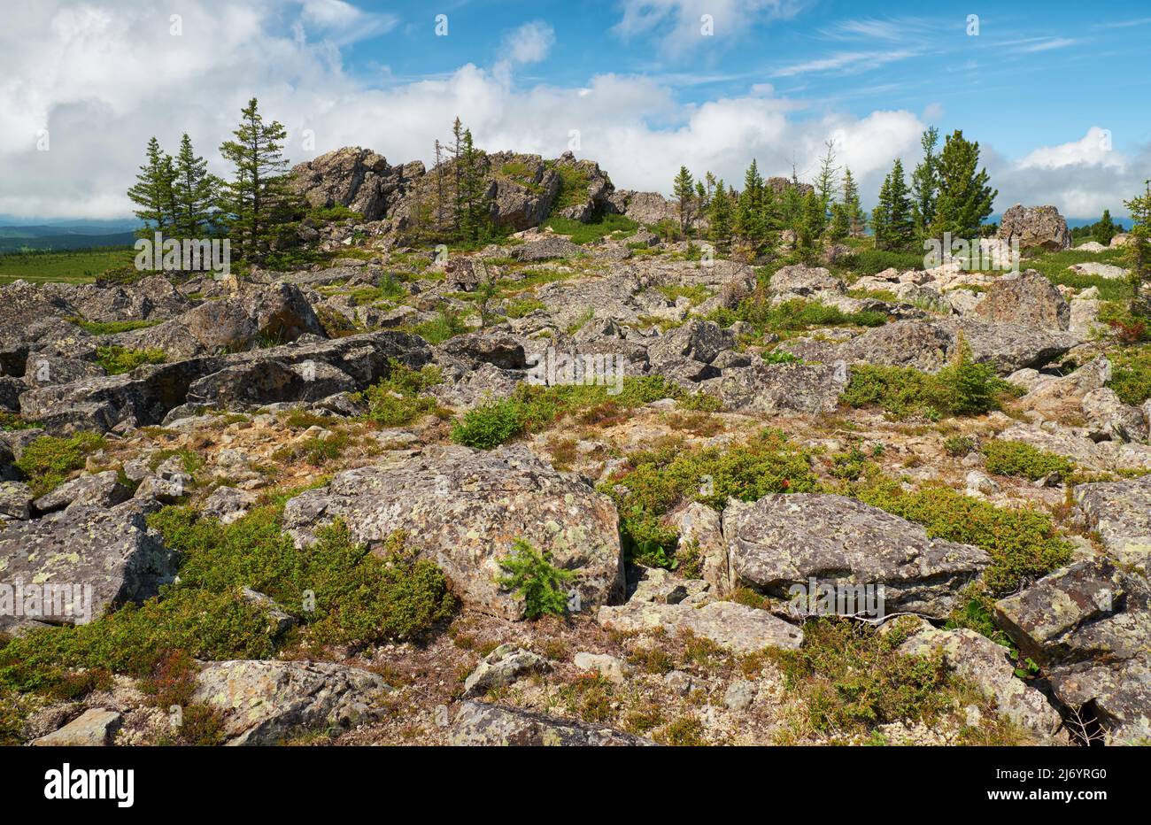 Piedras en la ladera de la montaña. Cordillera Seminsky en Altai, Siberia. Foto de stock