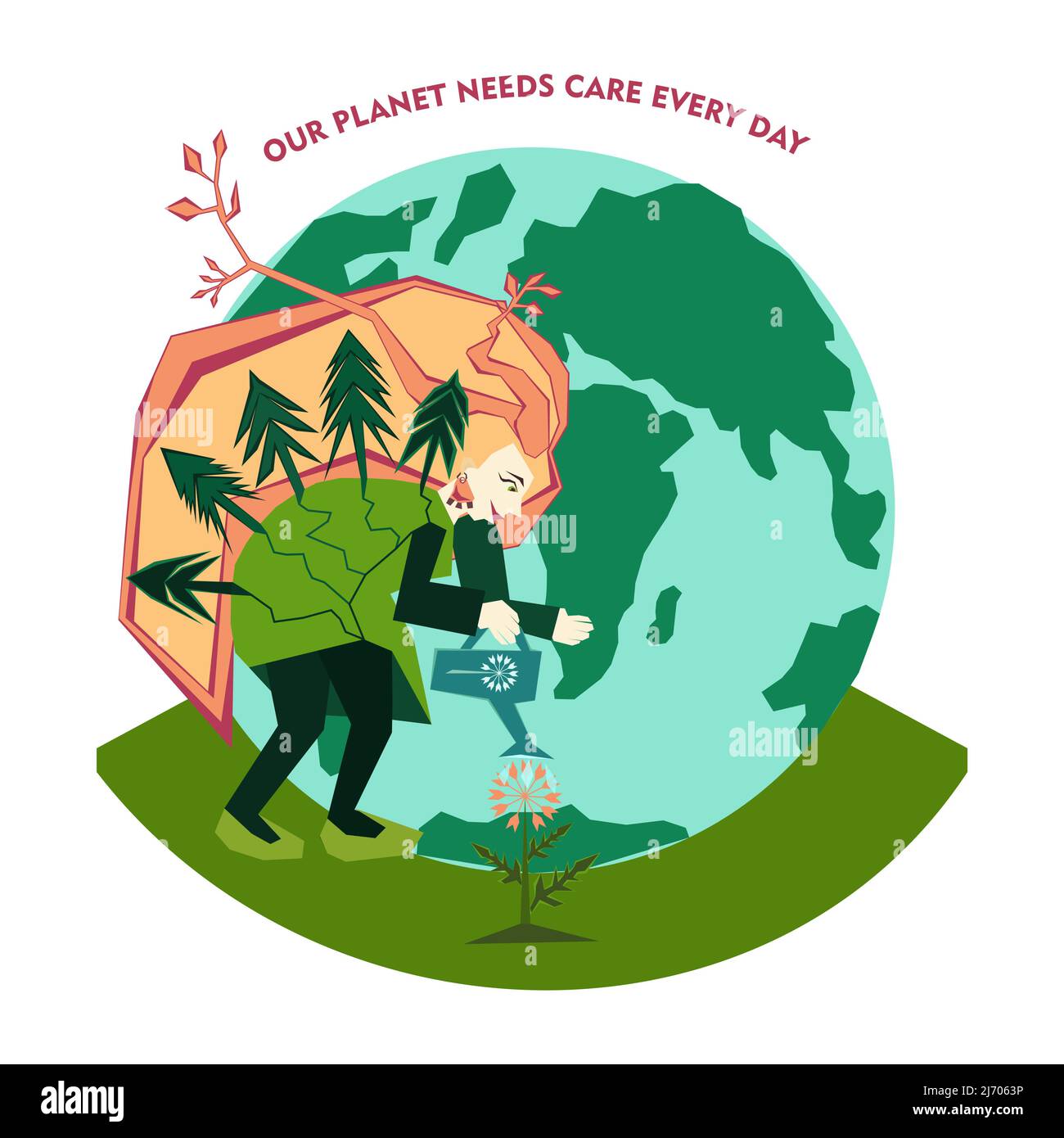 Concepto de Día Mundial del Medio Ambiente o Día de la Tierra. Salvar  nuestro planeta. Cuidar de la Tierra. Día mundial del clima. Madre Tierra.  Diseño gráfico estilizado de dibujos vectoriales Imagen