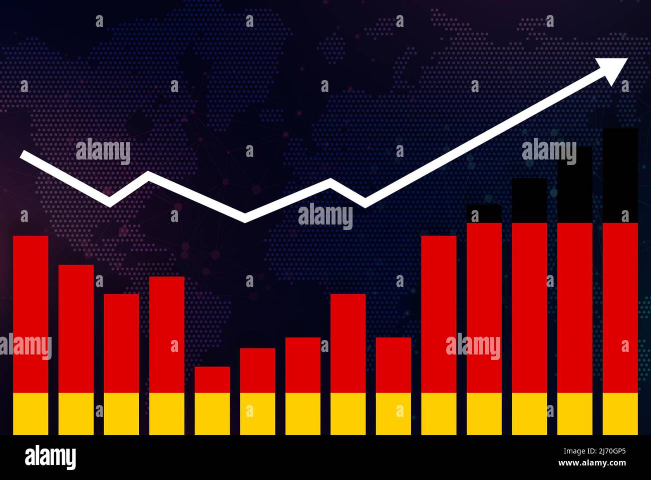 Gráfico de barras de Alemania con subidas y bajadas, valores en aumento, bandera de país de Alemania en gráfico de barras, flecha ascendente en datos, idea de banner de noticias Foto de stock