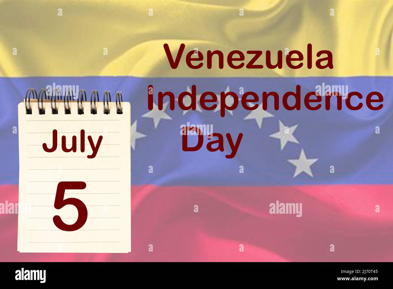 La celebración del Día de la Independencia de Venezuela con la bandera y el calendario que indica el 5 de julio Foto de stock