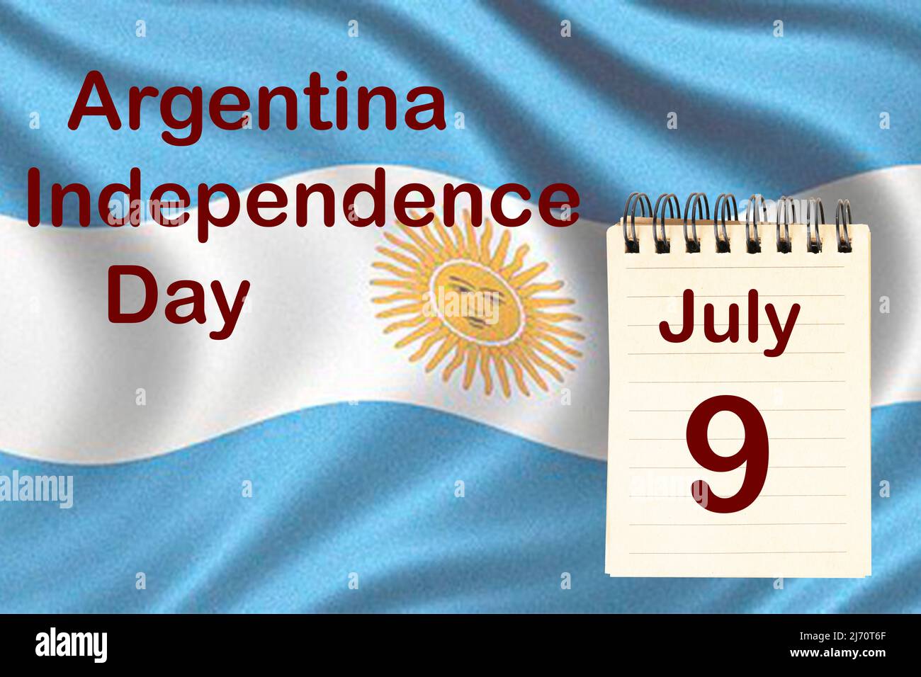 La celebración del Día de la Independencia de Argentina con la bandera y el calendario que indica el 9 de julio Foto de stock