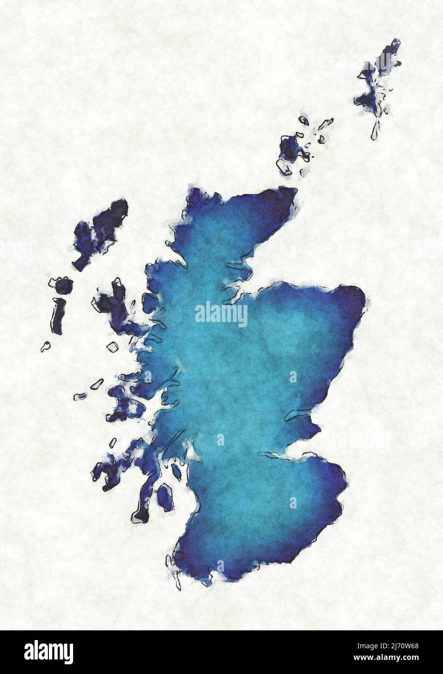 Mapa de Escocia con líneas trazadas e ilustración de acuarela azul Foto de stock