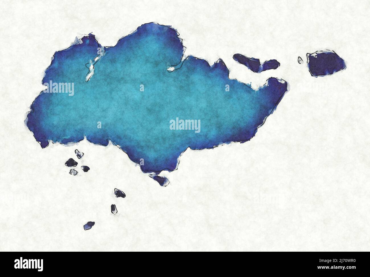 Mapa de Singapur con líneas trazadas e ilustración de acuarela azul Foto de stock