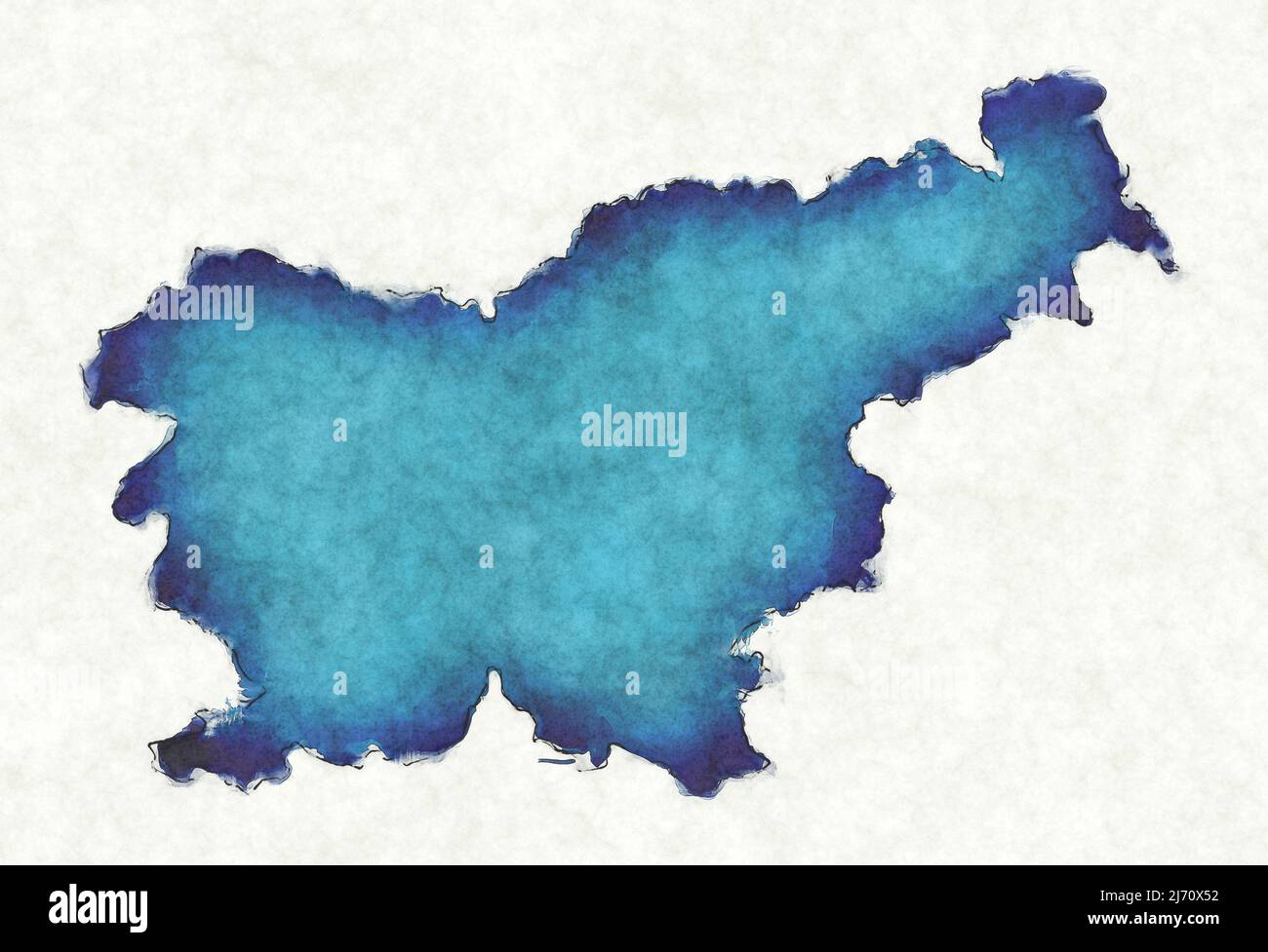 Mapa de Eslovenia con líneas trazadas e ilustración de acuarela azul Foto de stock