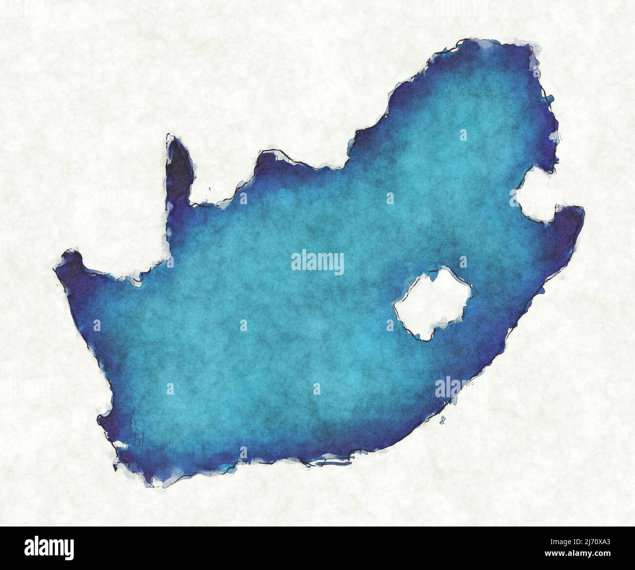 Mapa de Sudáfrica con líneas trazadas e ilustración de acuarela azul Foto de stock