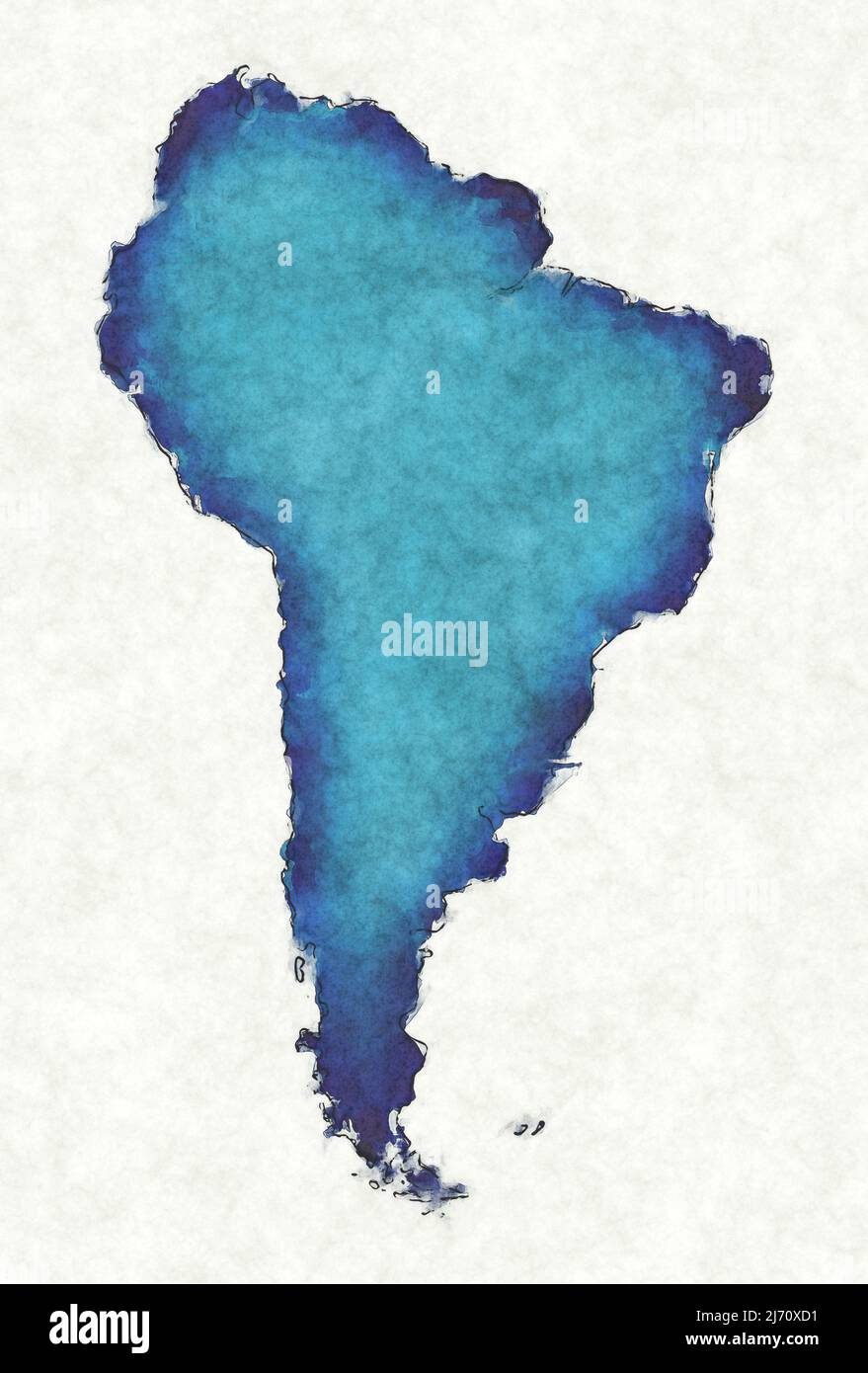 Mapa de América del Sur con líneas dibujadas e ilustración de acuarela azul Foto de stock