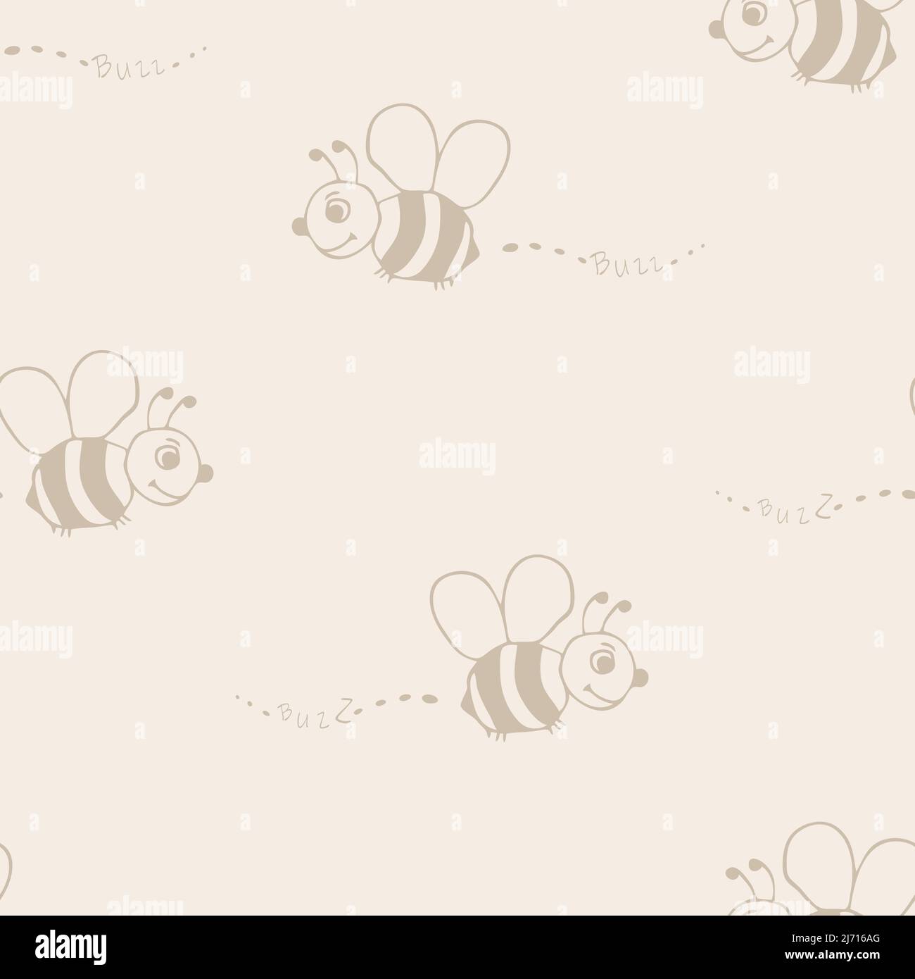 Patrón vectorial sin costuras con abejas de dibujos animados sobre fondo  beige claro. Diseño de fondo de pantalla de boceto de abejorros sencillo.  Decorativo verano bicho moda textil Imagen Vector de stock -