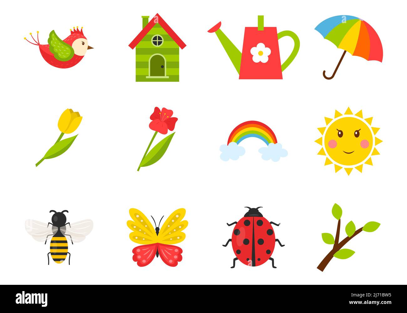 Un conjunto de iconos sobre el tema de la primavera, el verano. Insectos, pájaros, tulipanes, clima, birdhouse.Color ilustraciones vectoriales en estilo de dibujos animados. Aislado en una w Ilustración del Vector