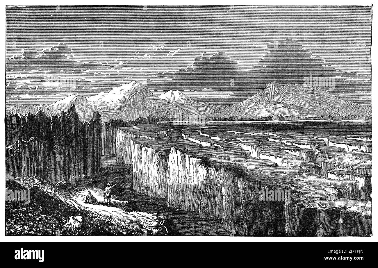 Personas que disfrutan de la vista del paisaje en Thingvellir Islandia ilustración vintage del libro antiguo 'Nature's Wonders' publicado en Londres, Reino Unido, 1867. Foto de stock