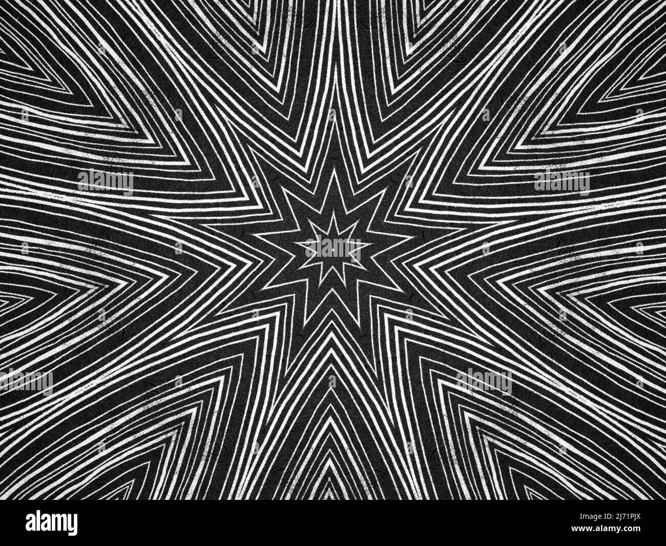 Líneas texturizadas y formas de estrellas patrón psicodélico. Ilustración en blanco y negro. Foto de stock