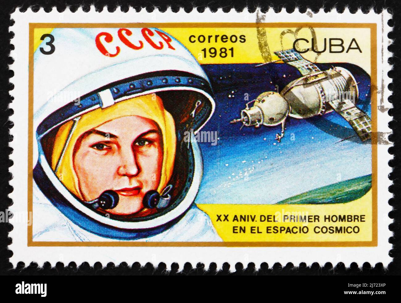 CUBA - CIRCA 1981: Un sello impreso en Cuba muestra Valentina Tereshkova, 1st Mujer en el Espacio y Vostok 6, 20th Aniversario de 1st Hombre en el Espacio, circ Foto de stock