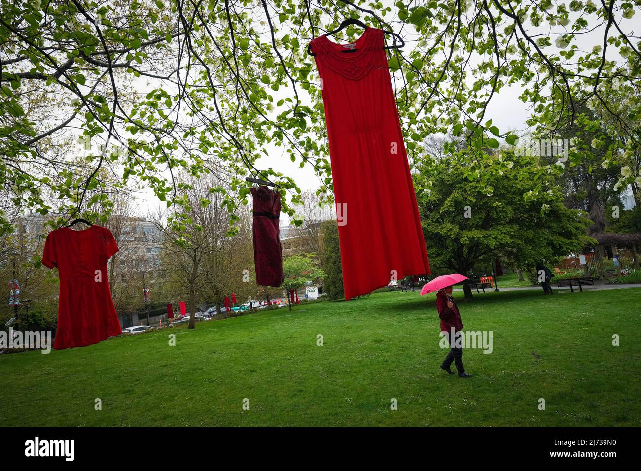 Vancouver, Canadá, 5 de mayo de 2022. Los vestidos rojos se cuelgan de  árboles durante una ceremonia del Día de la Vestido Rojo que marca el Día  Nacional de Conciencia para Mujeres