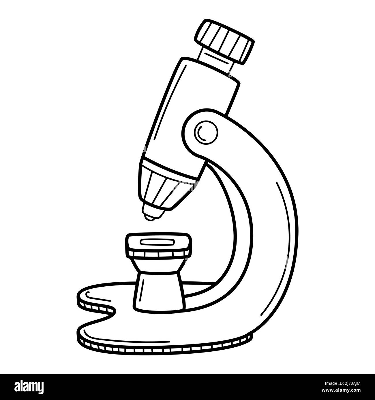 Un microscopio. Estilo Doodle. Un dispositivo óptico. Un símbolo de ciencia, biología, estudio, investigación. Ilustración vectorial en blanco y negro dibujada a mano. El desi Ilustración del Vector