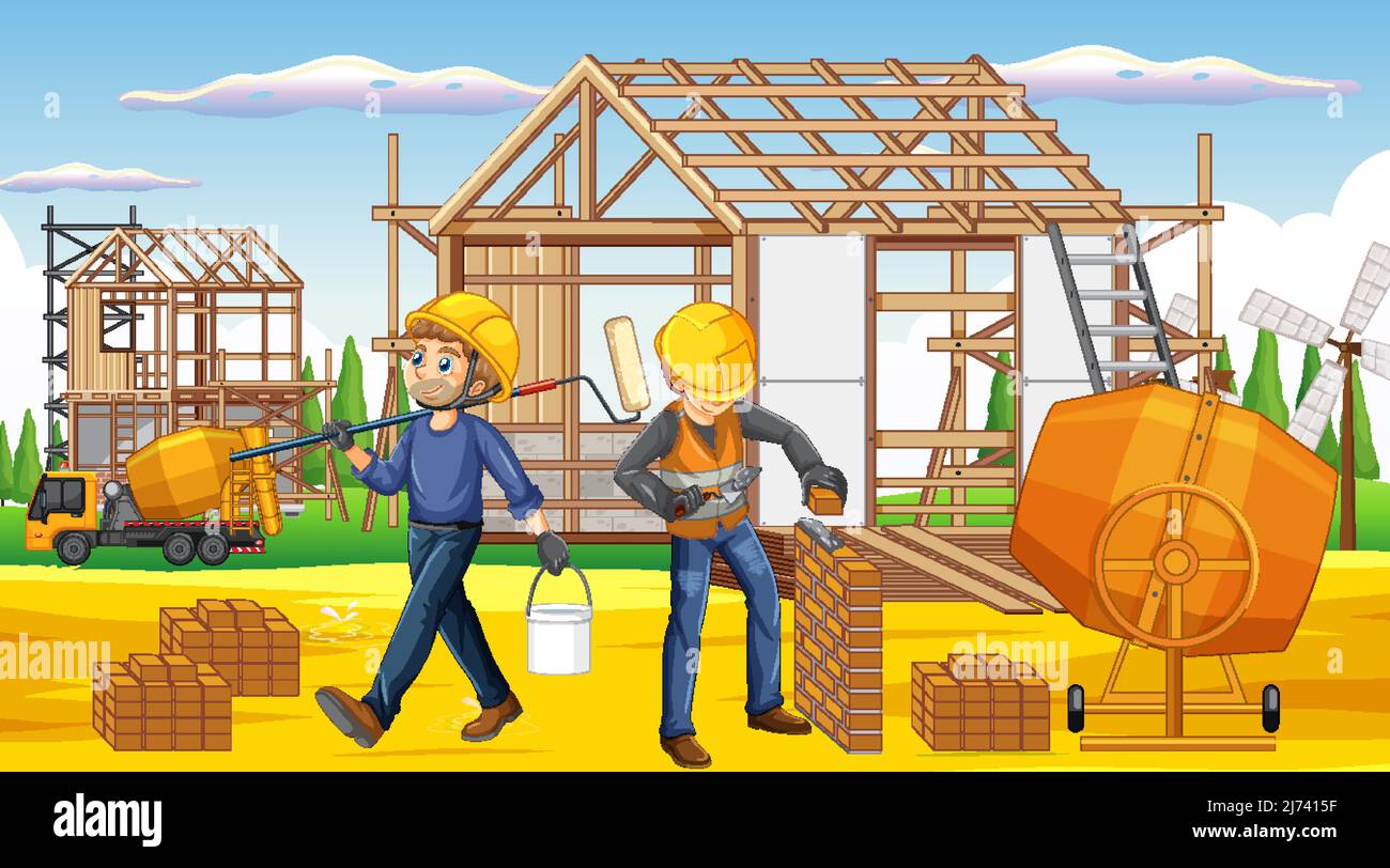 Obra de construcción de la casa con ilustración de dibujos animados de los  trabajadores Imagen Vector de stock - Alamy