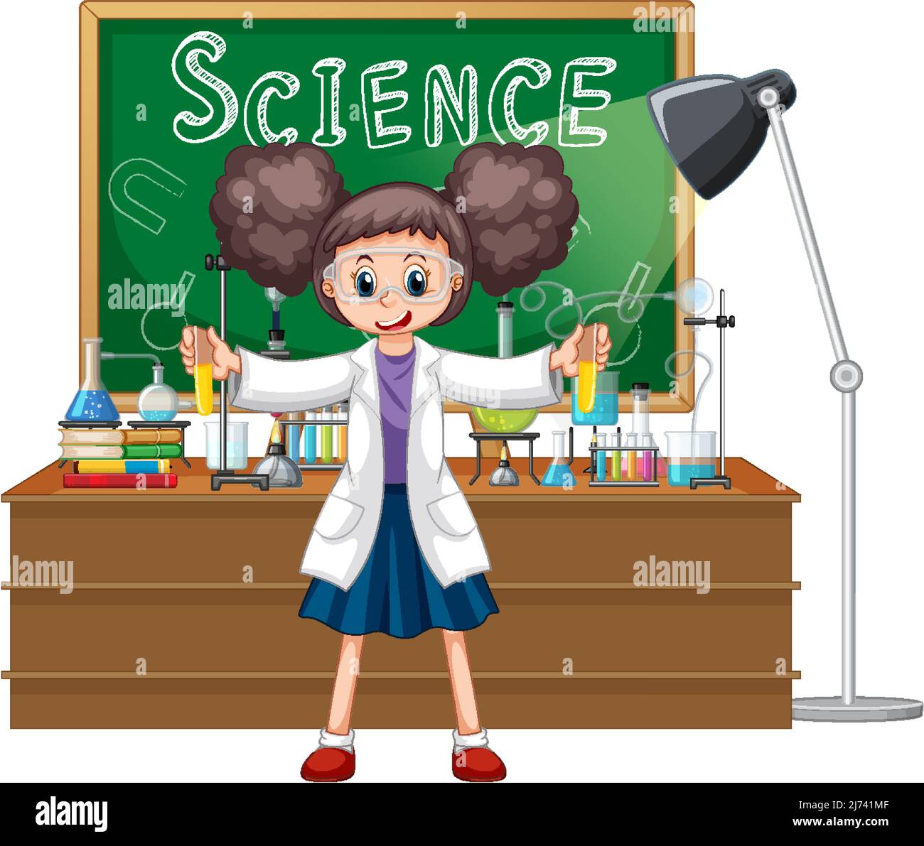 Personaje de dibujos animados científicos con objetos de laboratorio de  ciencias ilustración Imagen Vector de stock - Alamy