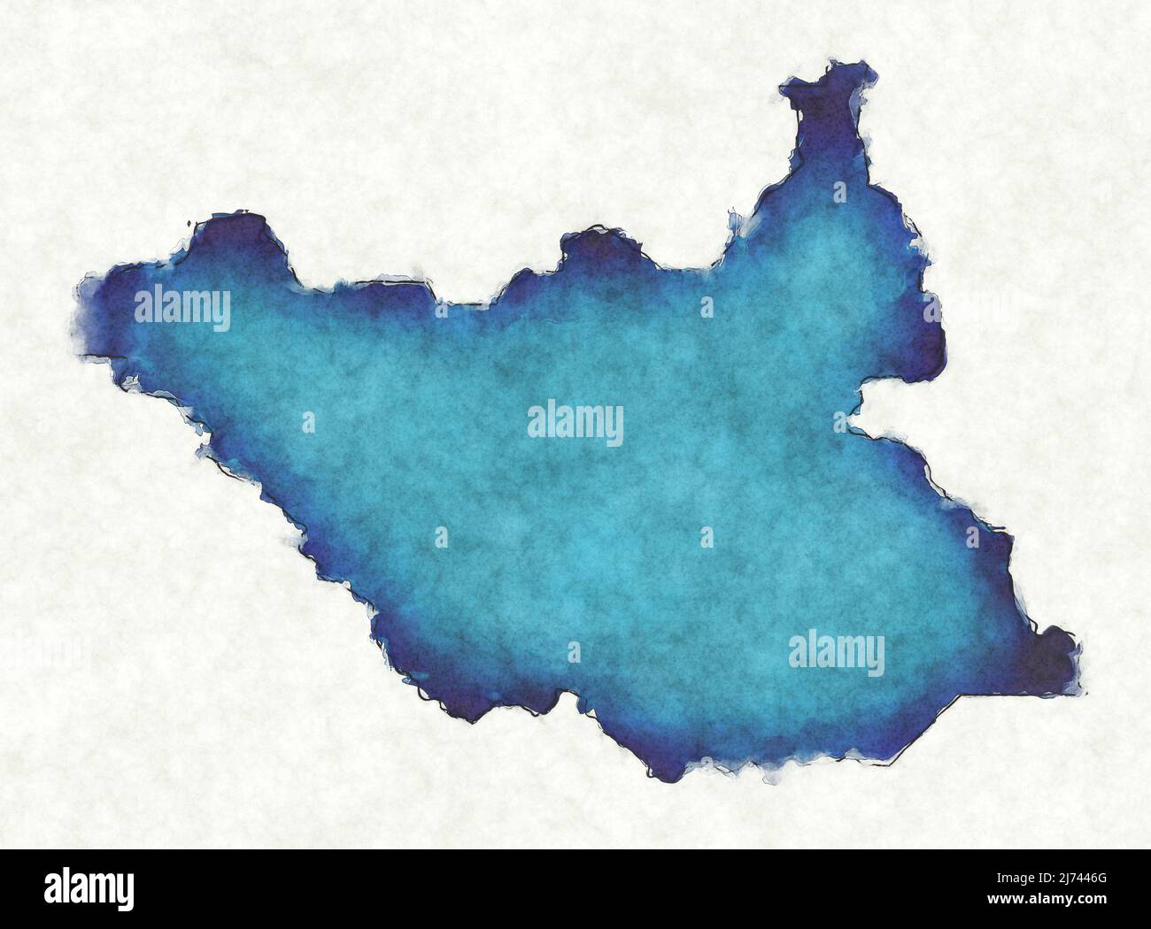 Mapa de Sudán del Sur con líneas trazadas e ilustración de acuarela azul Foto de stock