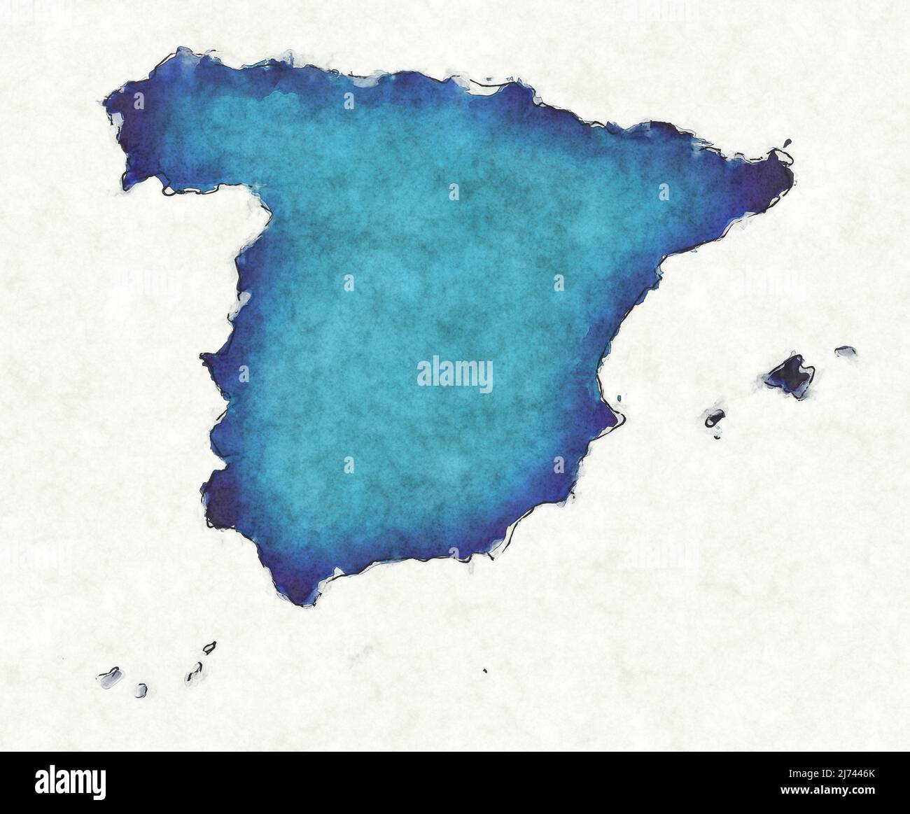 Mapa de España con líneas trazadas e ilustración de acuarela azul Foto de stock
