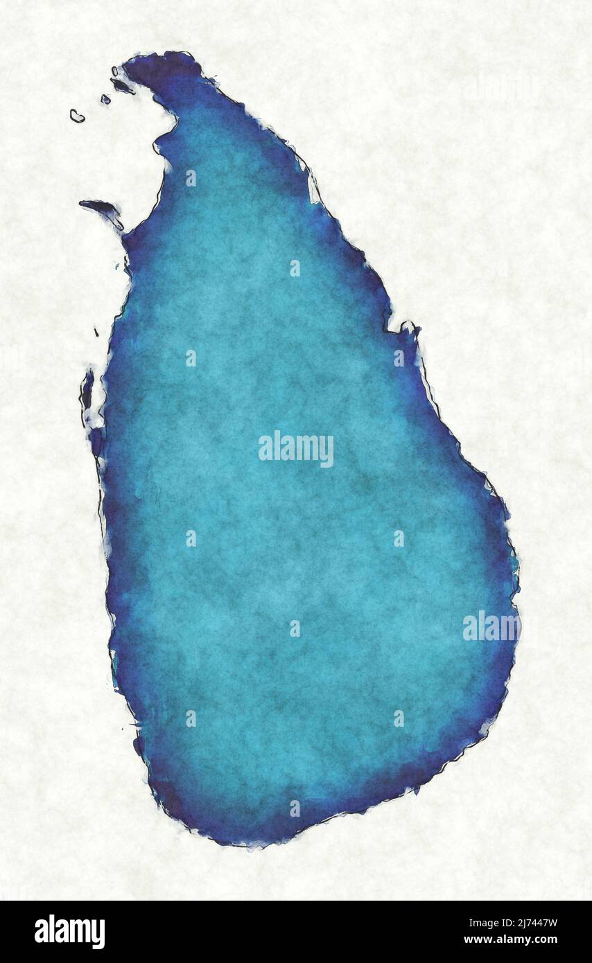 Mapa de Sri Lanka con líneas trazadas e ilustración de acuarela azul Foto de stock
