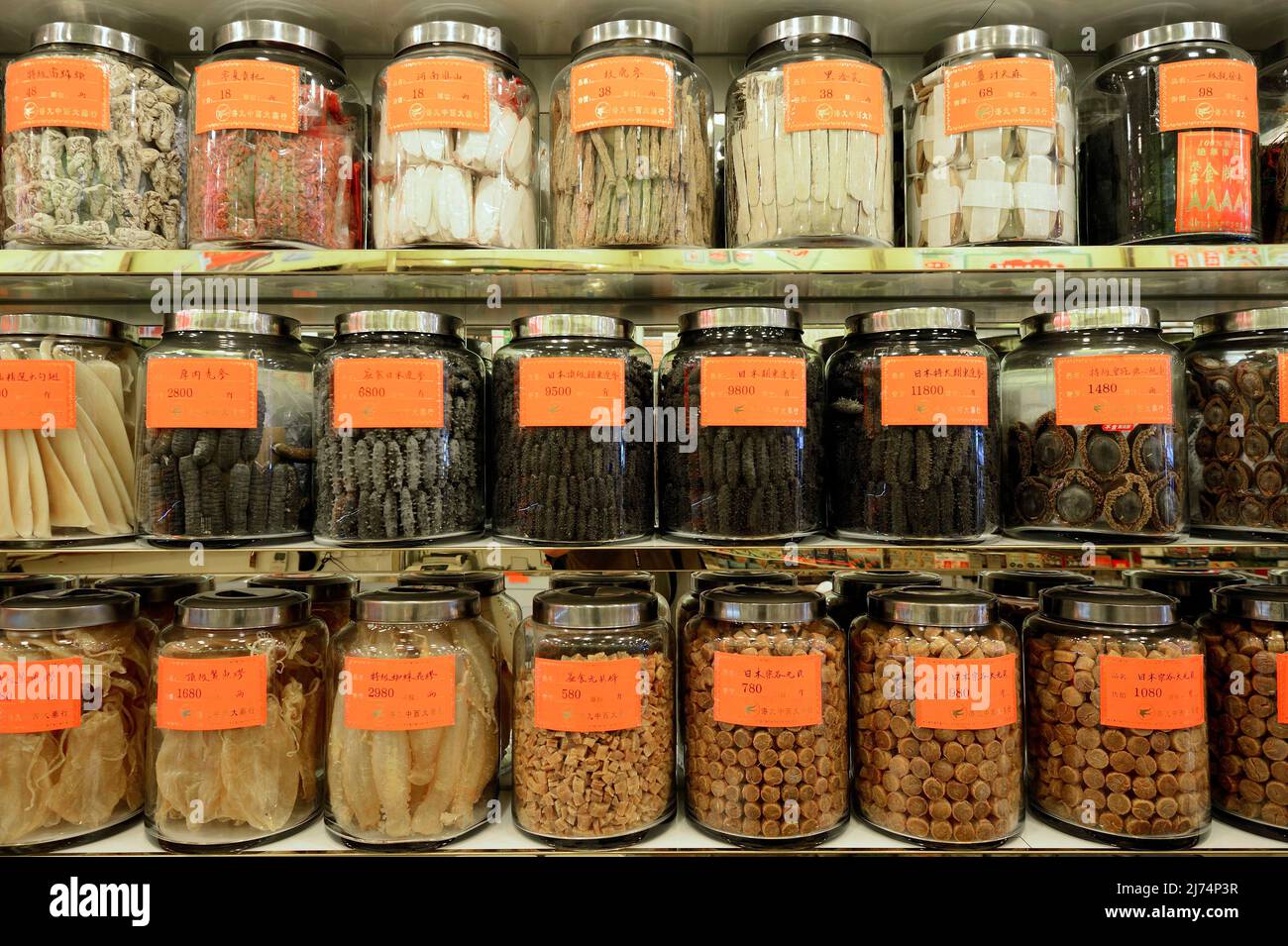 Tarros de almacenamiento con criaturas marinas secas como pepinos marinos, caracolas y mejillones en una farmacia china típica para la medicina tradicional china, Foto de stock