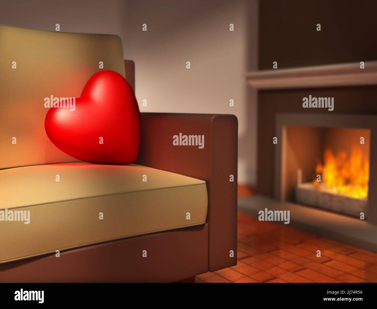 Un gran corazón rojo descansa en un sofá, al lado de una chimenea. Ilustración digital. Foto de stock