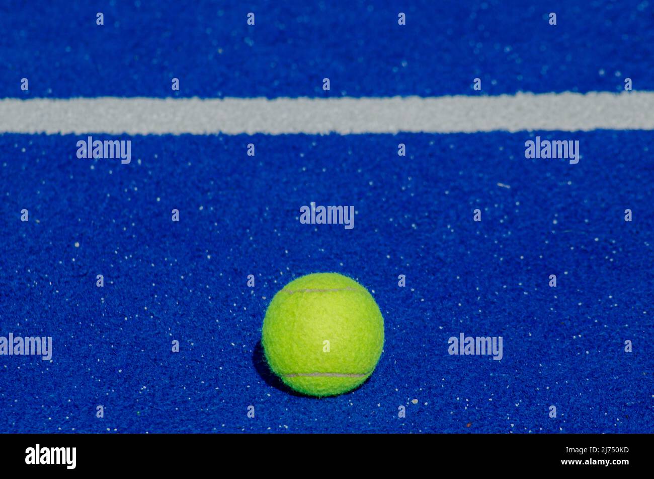 pista de tenis blue paddle, una bola solitaria cerca de la línea de base Foto de stock