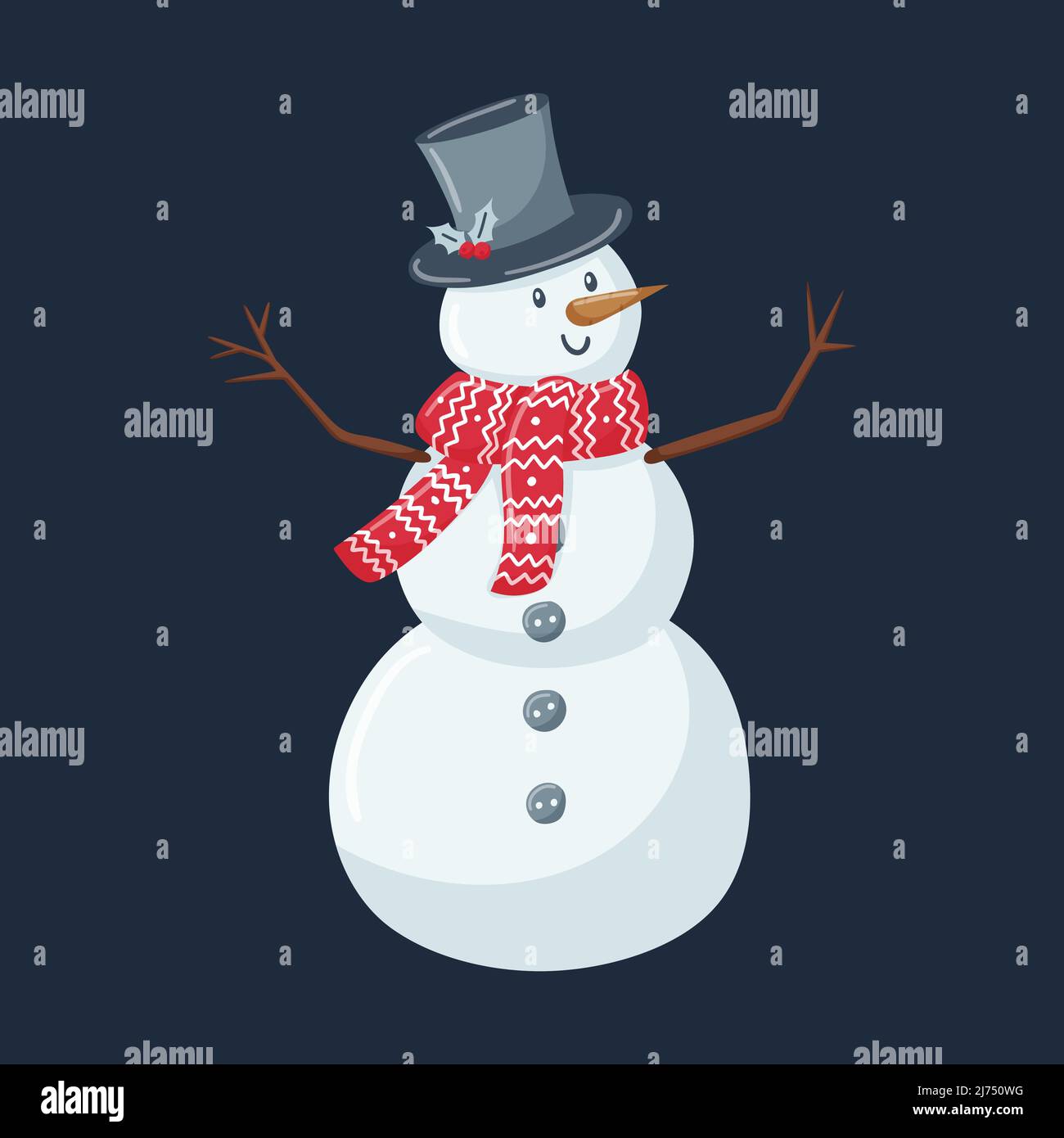 Mono muñeco de nieve con una bufanda roja y sombrero negro cilíndrico  aislado sobre fondo azul. Concepto de invierno y Navidad. Ilustración  vectorial de diseño plano Imagen Vector de stock - Alamy