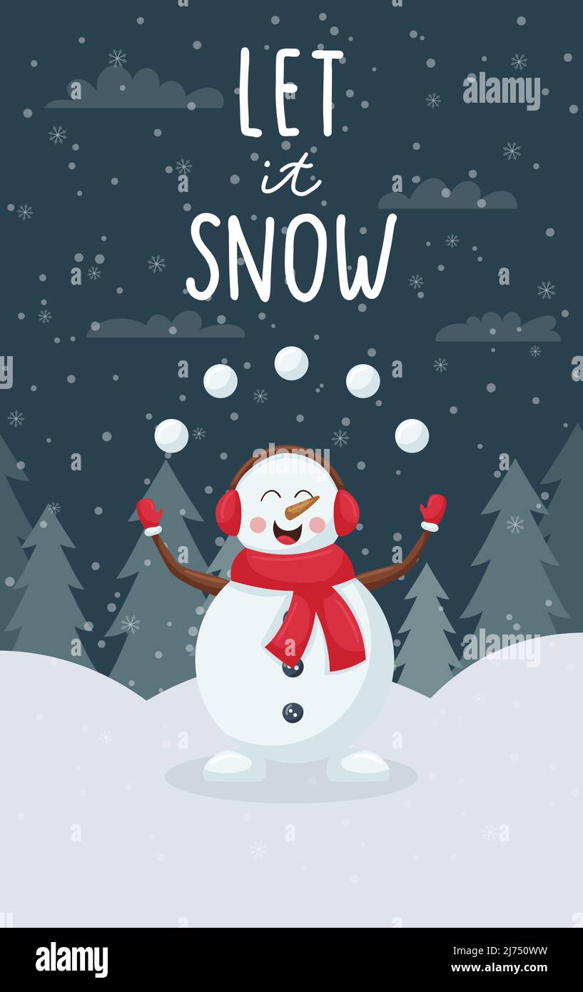 Vertical de invierno tarjeta de felicitación.Cute caricatura muñeco de nieve malabares bolas de nieve en un bosque nevado. Inscripción manuscrita. Ilustración vectorial en color con un plano Ilustración del Vector