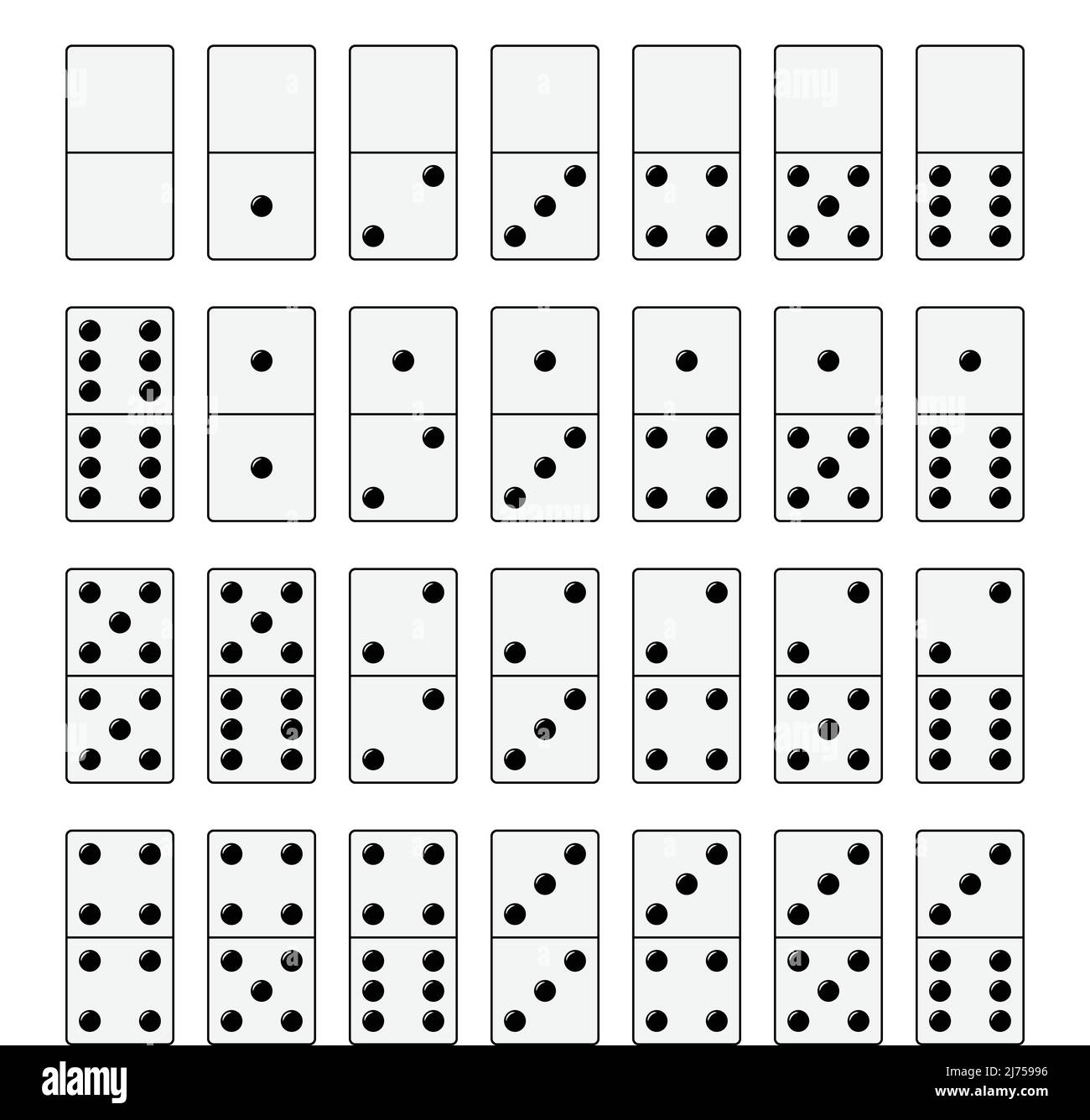 Conjunto de piedra de dominó con diferentes números de puntos aislados  sobre fondo blanco Imagen Vector de stock - Alamy