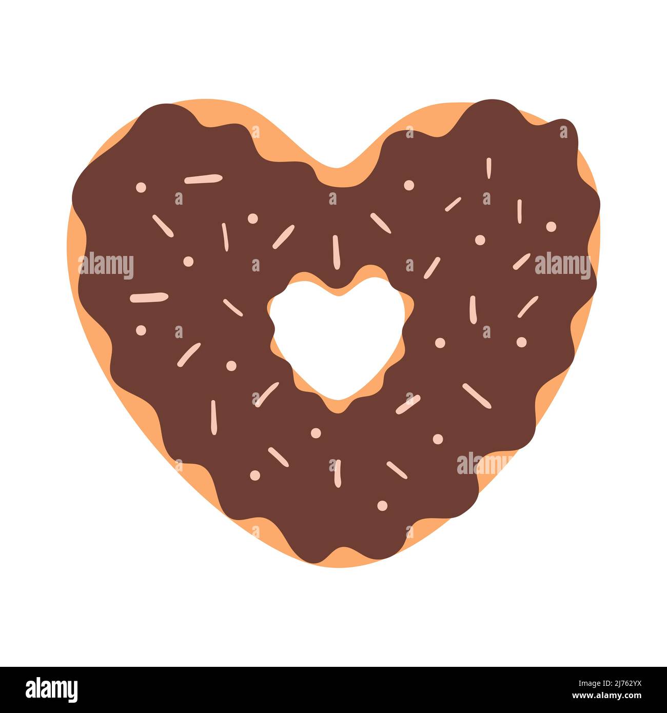 Un donut en forma de corazón con glaseado de chocolate y espolvoreado. Comida dulce, pasteles. Elemento decorativo para tarjetas de San Valentín. Simple vect de color plano Ilustración del Vector