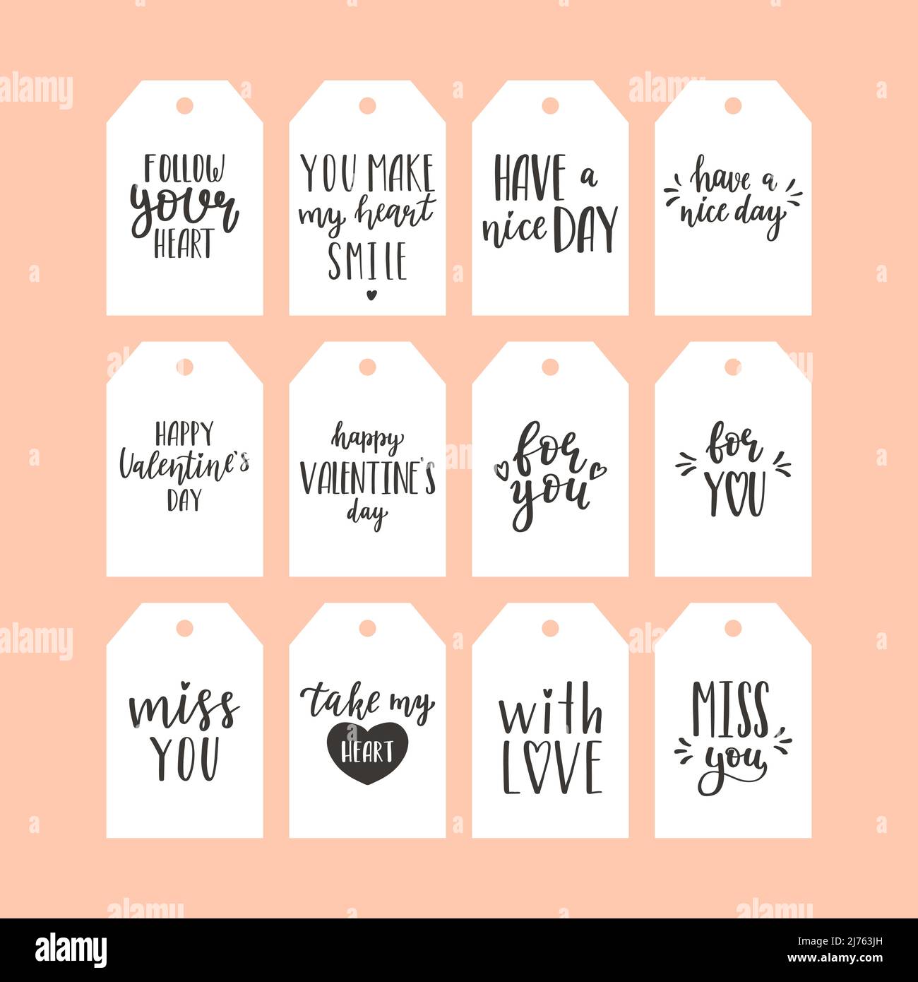 Un conjunto de etiquetas de regalo con frases escritas a mano en blanco y  negro para el día de San Valentín. Una colección de etiquetas actuales con  felicitaciones y deseos. Simpl Imagen