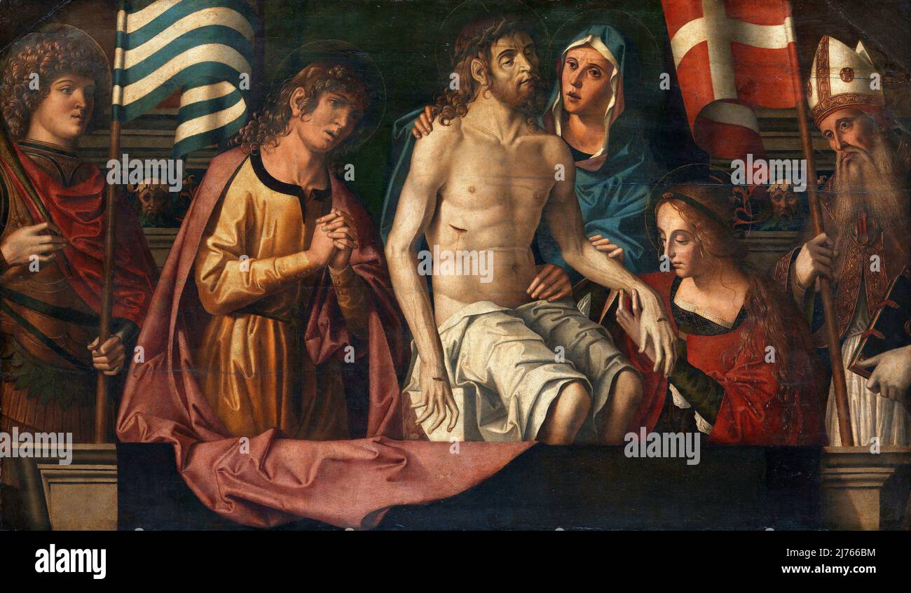 La Lamentación sobre el Cristo Muerto con San Valeriano y San Mercurio del pintor italiano Marco Palmezzano (1460-1539), óleo sobre madera, 1506 Foto de stock