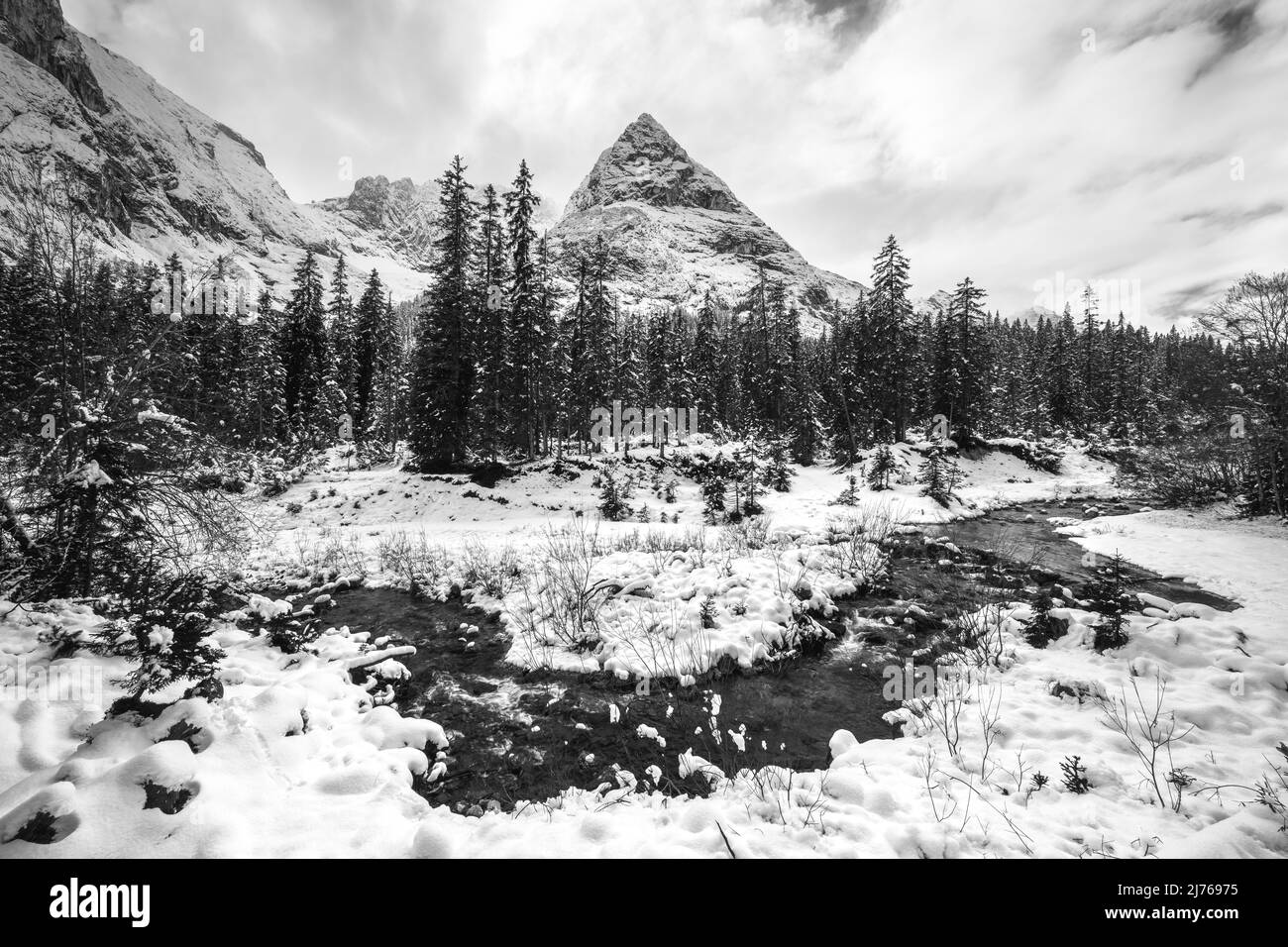 Leutascher Ache en invierno durante la nieve, en el fondo el Sonnspitze y Mieminger Kette, bosque y atmósfera de nube Foto de stock