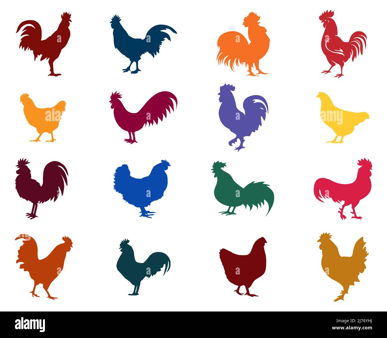 Iconos de pollo en multicolor brillante Ilustración del Vector