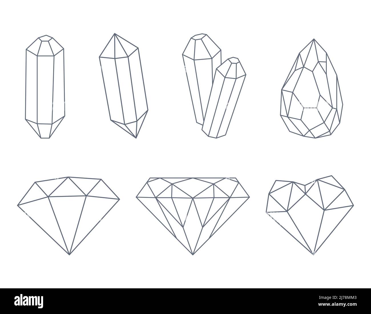 Un conjunto de cristales, diamantes, cuarzo, piedras preciosas. Perfile los elementos decorativos. Ilustraciones vectoriales aisladas sobre un fondo blanco. Ilustración del Vector