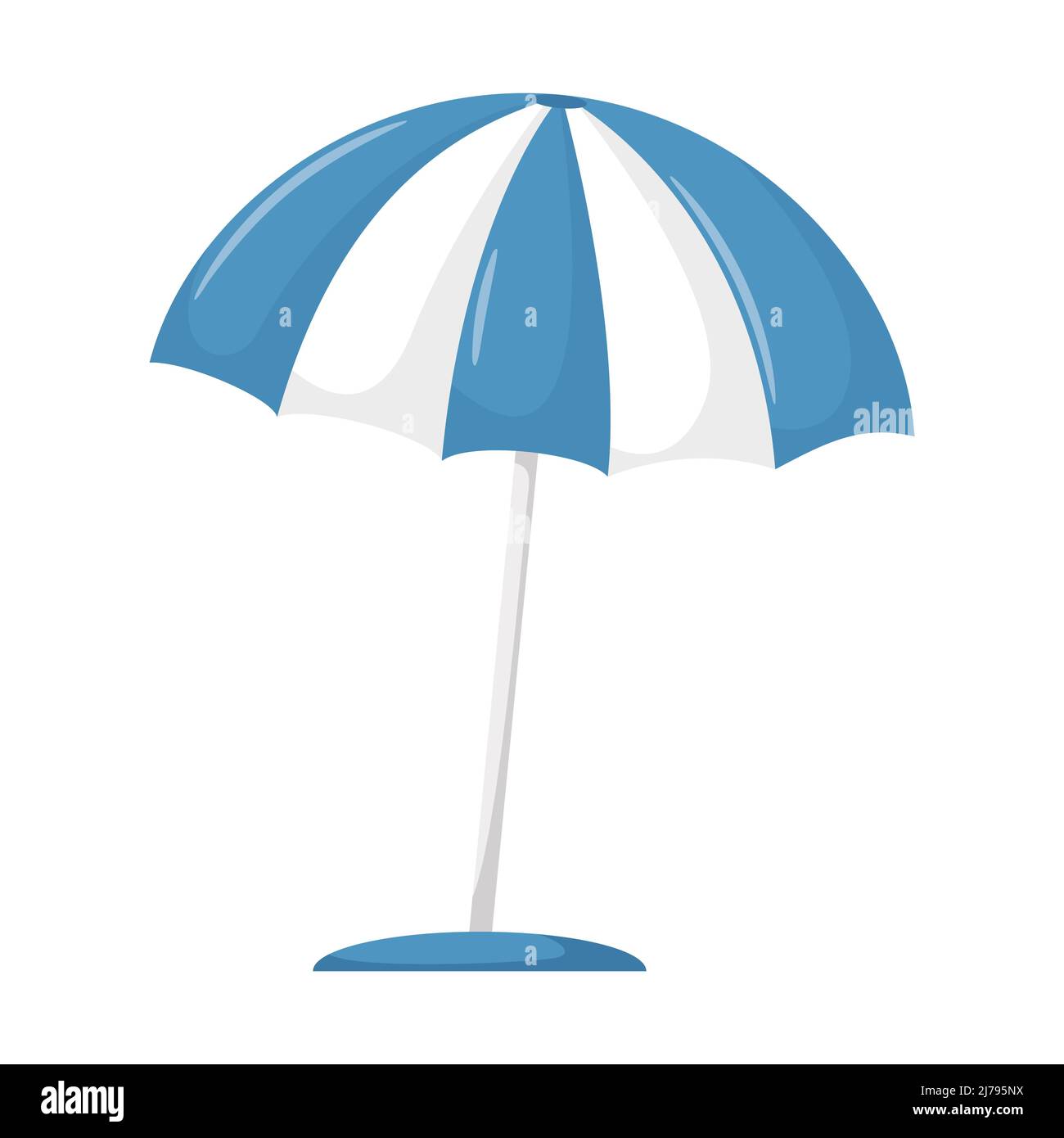Sombrilla al aire libre abierta. Protector solar azul a rayas. Protección  contra el sol, la lluvia y el mal tiempo. Ilustración vectorial en un isol  de estilo de dibujo animado plano Imagen