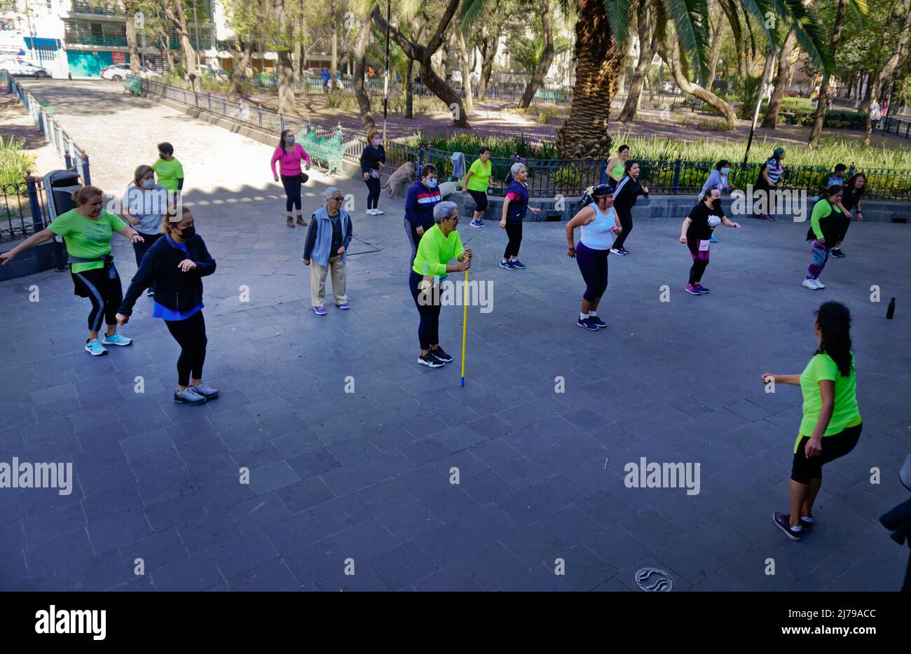 Mujeres haciendo ejercicio, parque Alameda de Santa Maria, Ciudad de México, México Foto de stock