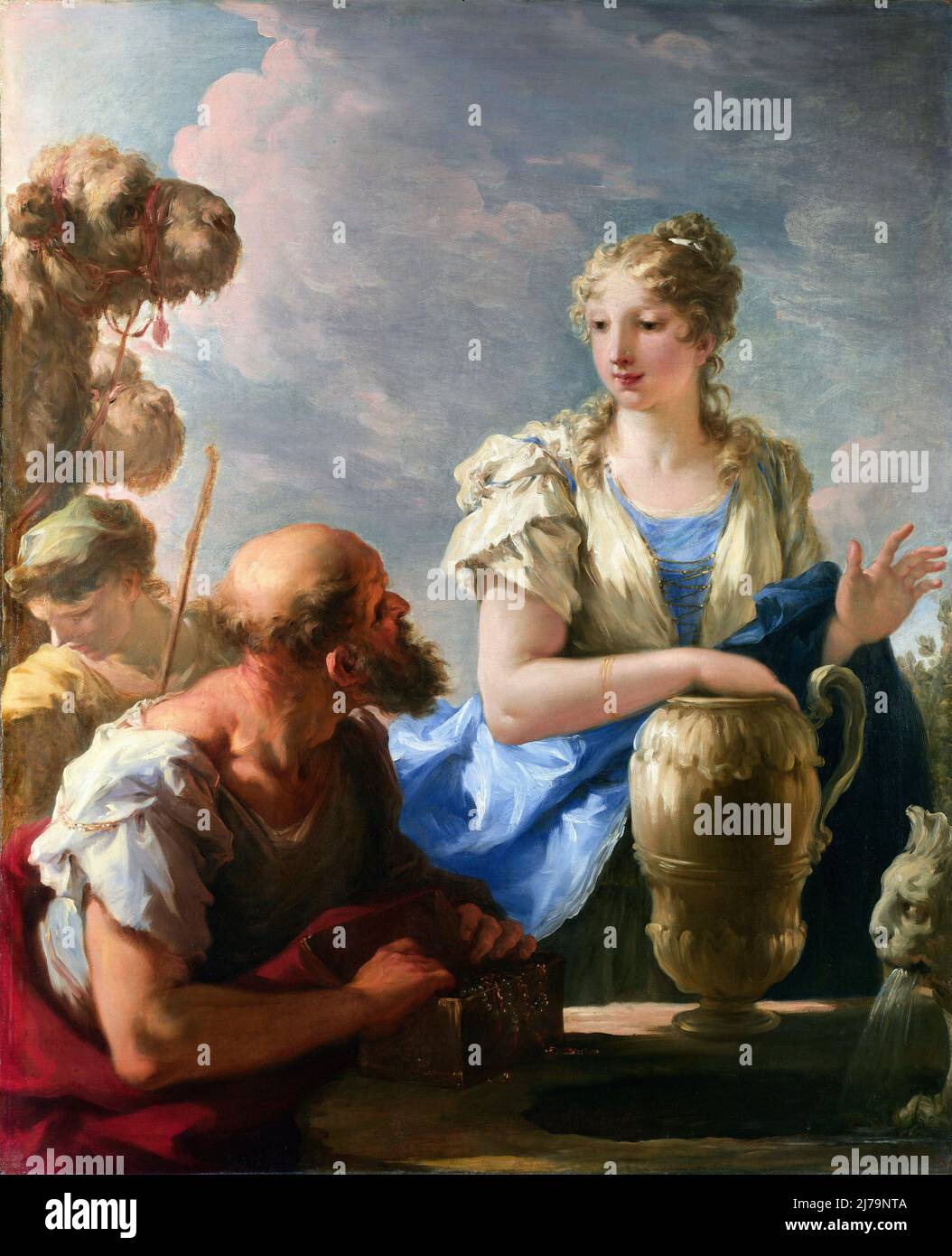 Rebecca en el pozo por el pintor veneciano Giovanni Antonio Pellegrini (1675-1741), óleo sobre lienzo, 1708-13 Foto de stock