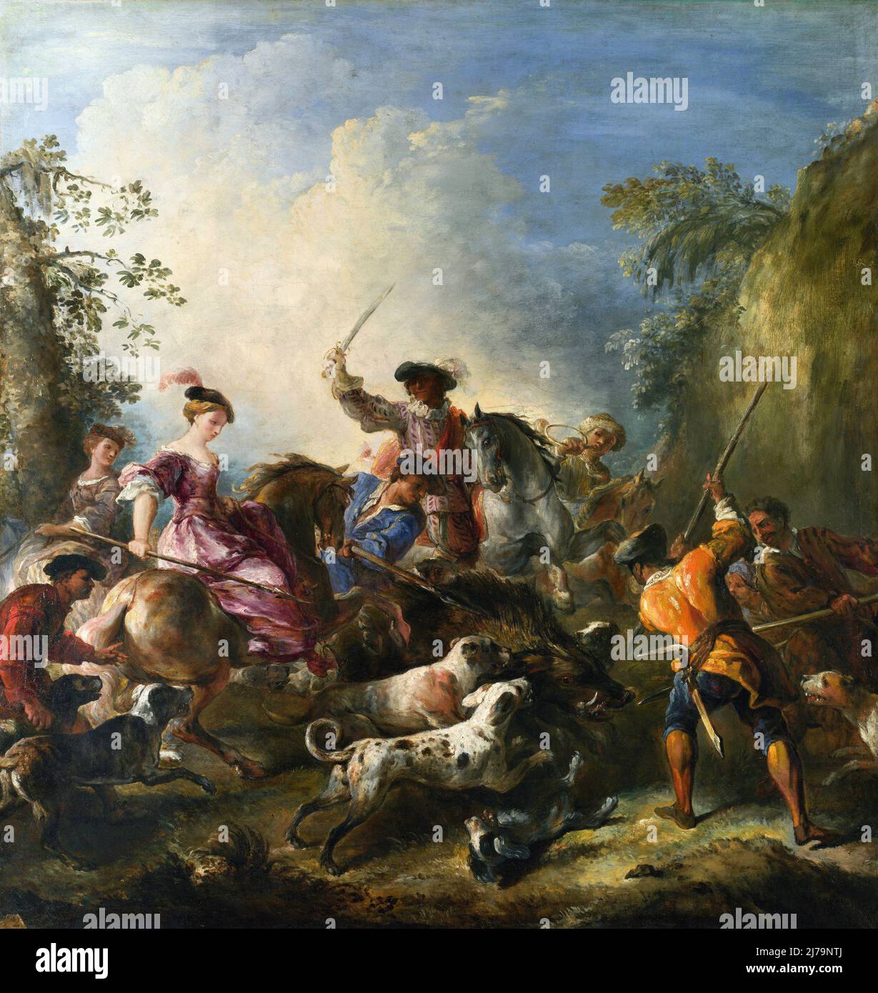 El Boar Hunt del pintor barroco francés Joseph Parrocel (1646-1704), óleo sobre lienzo, c. 1700 Foto de stock