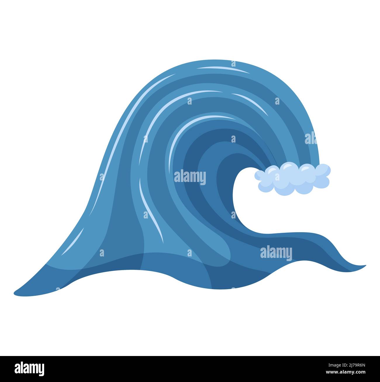 Una ola de marea, un tsunami. Ola de mar con espuma. Un símbolo del verano, el mar, el elemento natural. Ilustración vectorial en un estilo de dibujo animado plano aislado en Imagen Una ola de marea, un tsunami. Ola de mar con espuma. Un símbolo del verano, el mar, el elemento natural. Ilustración vectorial en un estilo de dibujo animado plano aislado en Imagen